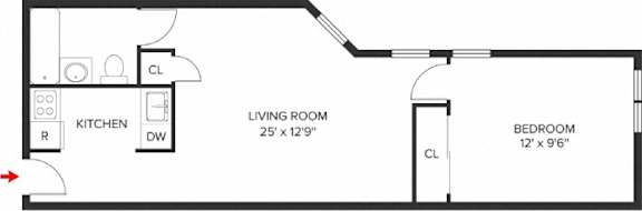 A floor plan of a small apartment with a kitchen, living room, and bedroom.