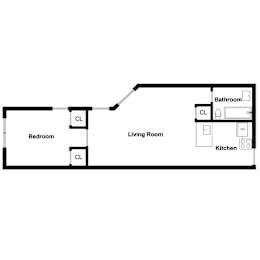 A floor plan of a living space with a bedroom and a kitchen.