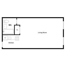 A floor plan of a living room and kitchen.