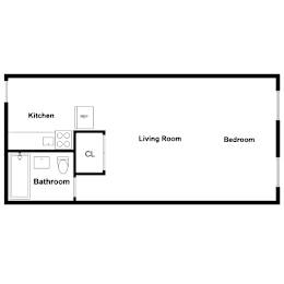 A floor plan of a small apartment with a kitchen, bathroom, living room and bedroom.