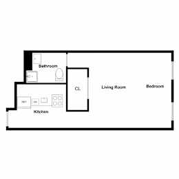 A floor plan of a small apartment with a kitchen, living room, and bedroom.