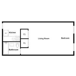 A floor plan of a living space with a kitchen, bathroom, and bedroom.