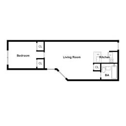 A floor plan of a living space with a bedroom and a kitchen.