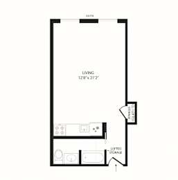A floor plan of a living space with lofted storage.