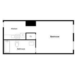 A floor plan of a small apartment with a kitchen, bathroom, bedroom and a closet.