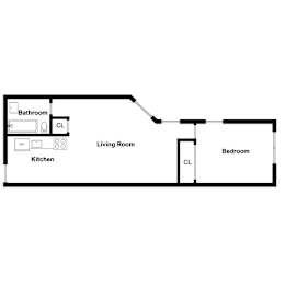 A floor plan of a small apartment with a living room, bedroom, kitchen, and bathroom.
