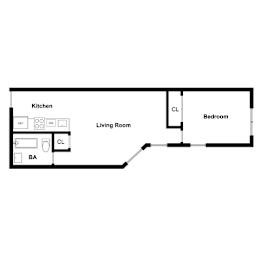A floor plan of a living space with a kitchen, living room, and bedroom.