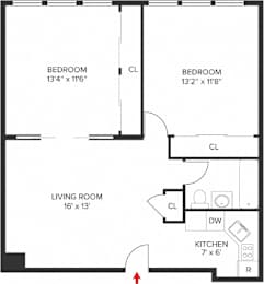 A black and white image of a floor plan for a house with two bedrooms, a living room, and a kitchen.