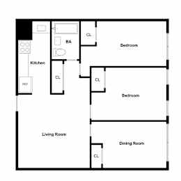 A floor plan of a house with a kitchen, living room, dining room, and two bedrooms.