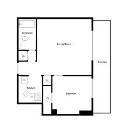 A floor plan of a home with a living room, kitchen, and bedroom.