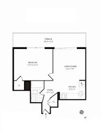 A floor plan of a house with a terrace, bedroom, living/dining area, kitchen, and a foyer.