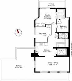 A floor plan of a house with a terrace, a master bedroom, two bedrooms, a kitchen, and a living/dining area.
