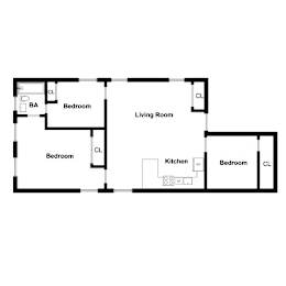 A floor plan of a house with a living room, two bedrooms, a kitchen, and a bathroom.