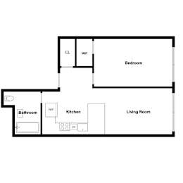 A floor plan of a living space with a bedroom, kitchen, and bathroom.