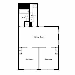 A floor plan of a small apartment with a living room, two bedrooms, and a kitchen.