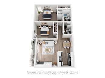 A floor plan of a small apartment with a kitchen, living room, and bedroom.