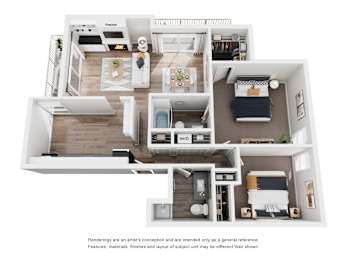 A floor plan of a small apartment with a kitchen, living room, and bedroom.