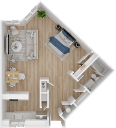 A top-down view of a small apartment with a kitchen, living room, and bedroom.