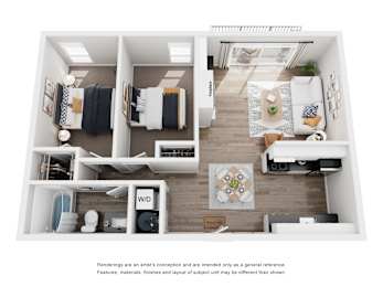A modern apartment layout with a kitchen, living room, and bedroom.