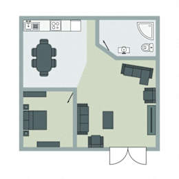 A floor plan of a room with furniture and appliances.
