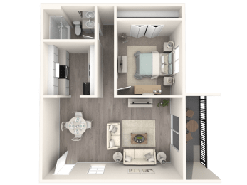 a 3d rendering of a floor plan with a bedroom and a living room