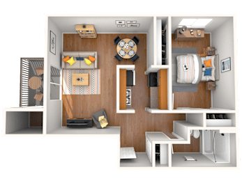 A 3D rendered image of a small apartment layout.