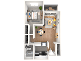 A top-down view of a small apartment with a kitchen, living room, and bedroom.