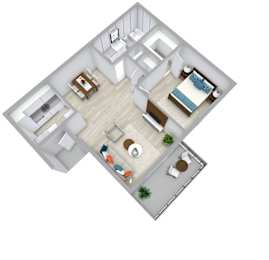 A top-down view of a modern apartment with a living room, kitchen, and bedroom.