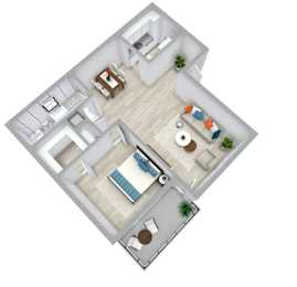 A top-down view of a modern living room with a sofa, coffee table, and a dining area.