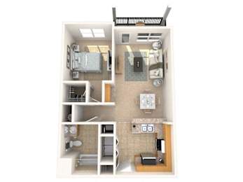 A top-down view of a small apartment with a bedroom, bathroom, kitchen, and living room.
