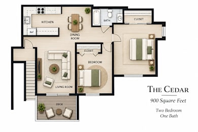 A floor plan of a 900 square feet home with two bedrooms and one bath.