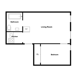 A floor plan of a small apartment with a living room, kitchen, bathroom, and bedroom.