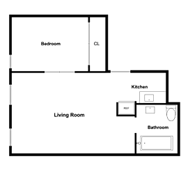 A floor plan of a living space with a bedroom, kitchen, living room, and bathroom.
