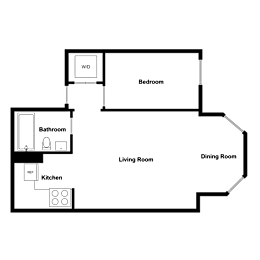 A floor plan of a house with a living room, dining room, kitchen, bathroom, and bedroom.