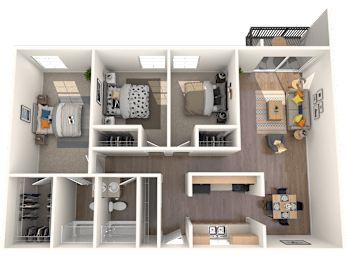 A 3D floor plan of a small apartment with a kitchen, living room, and bathroom.