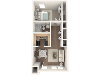 a stylized floor plan of a 1 bedroom apartment