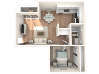 a stylized floor plan of a 1 bedroom apartment