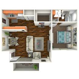 A 3D rendered image of a modern apartment interior.