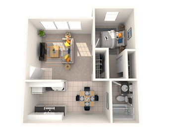 A 3D floor plan of a small apartment with a kitchen, living room, and bathroom.