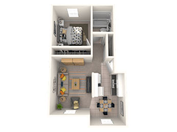 A 3D floor plan of a small apartment with a kitchen, living room, and bathroom.