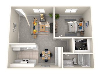A 3D floor plan of a small apartment with a kitchen, living room, and bathroom.