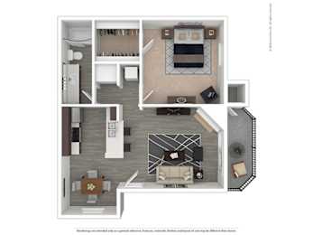 A floor plan of a small apartment with a kitchen, living room, and bathroom.