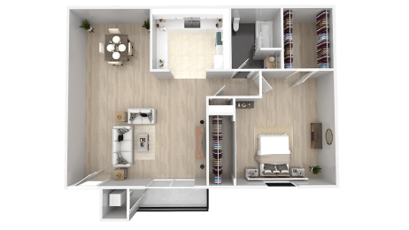 a rendering of a 1 bedroom floor plan with a bathroom and a living room