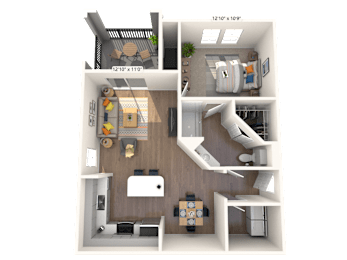 3D floorplan of a one bedroom apartment with a balcony at The Sanctuary at 331