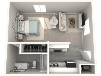 a bedroom with a bed and a chair in a room