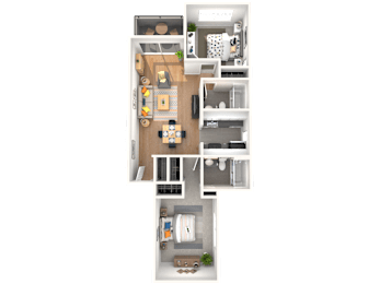A floor plan of a house with a kitchen, living room, dining room, and two bedrooms.