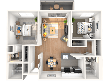 A top-down view of a small apartment with a kitchen, living room, and bedroom.