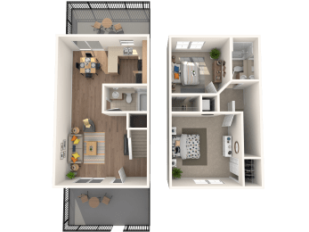 a rendering of the 2nd and 3rd floor layouts of a 1 bedroom apartment