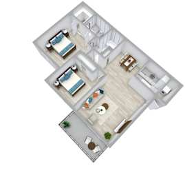 A 3D floor plan of a house with two bedrooms and a living area.