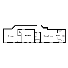 A floor plan of a house with two bedrooms, a living room, a kitchen, and a bathroom.